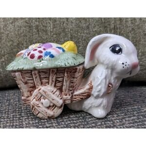 Vtg Ceramic Easter Bunny Rabbit With Wagon Egg Cart Trinket Dish Covered